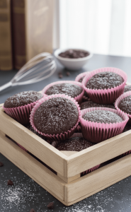 קאפקייקס שוקולד בתוך קופסת עץ עם מנג'טים ורודים