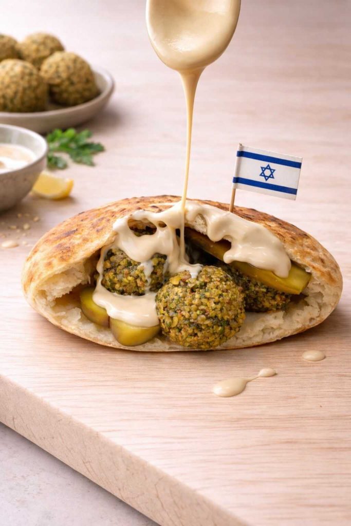 פיתה עם כדורי פלאפל דגל ישראל וכף שמזלפת טחינה מעל