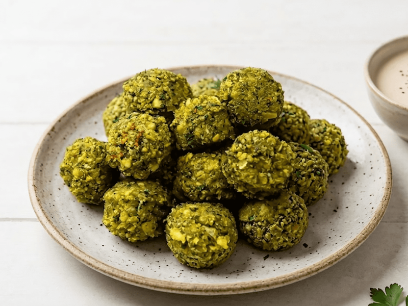 כדורי פלאפל ביתיים על צלחת אפורה על גבי רקע אפור בהיר