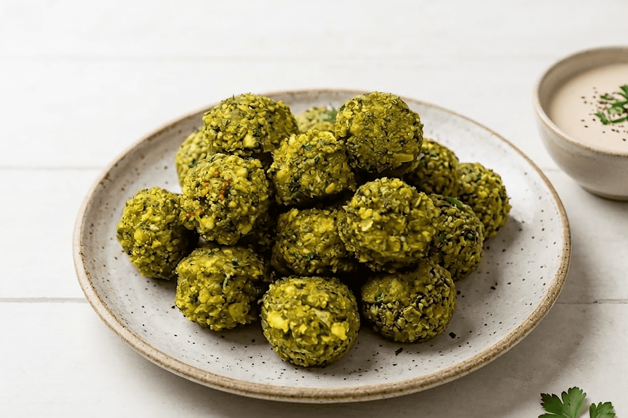 כדורי פלאפל ביתיים על צלחת אפורה על גבי רקע אפור בהיר